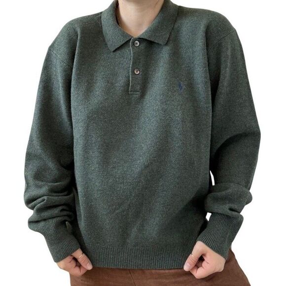 Vintage Mens 1990s Polo Ralph Lauren Lambswool Teal Green Collared Sweater XL - Picture 4 of 8